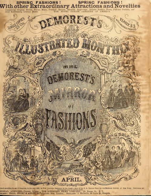 Página de rosto do Demorest's Illustrated Monthly e Mme. Espelho das Modas de Demorest, abril de 1865. O texto do título é circundado por pequenas gravuras de figuras em trajes do século XIX.