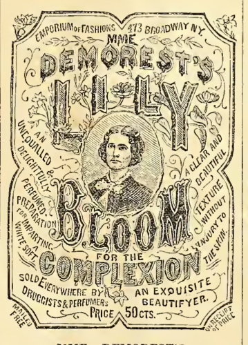 Mme广告。 德雷斯特的莉莉·布鲁姆（Lilly Bloom）肤色。 文字围绕着19世纪服装中的女人雕刻。