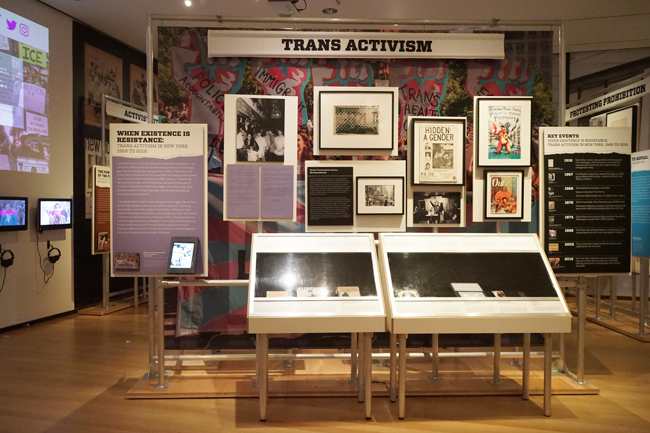 Installation shot of the Trans Activism case study in the exhibition "Activist New York."