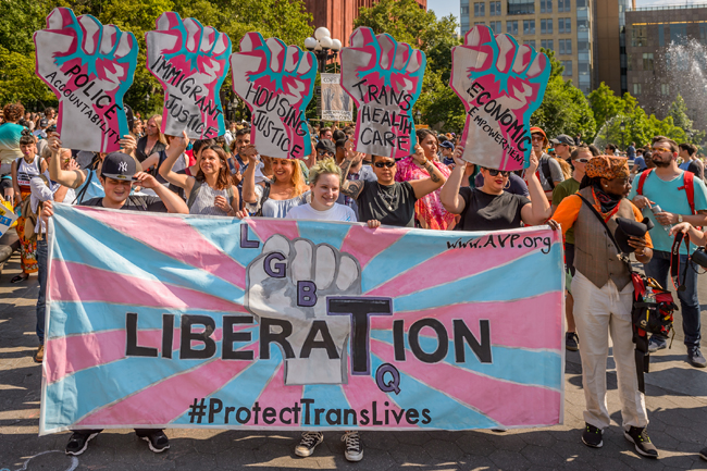 Um grupo de pessoas fica atrás de um banner no 12º Dia Trans Anual de 2016.