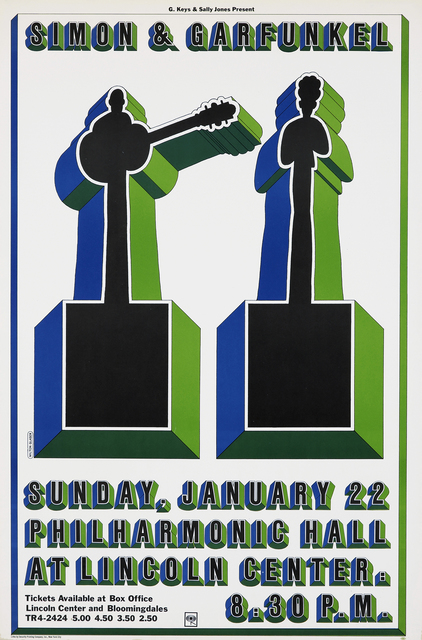 サイモン＆ガーファンクルコンサートのポスター。 立体的なテキストが上下に黒、緑、青で表示されます。 中央には、XNUMX体の人物が同じ色で同じ立体的に台座にシルエットで描かれています。