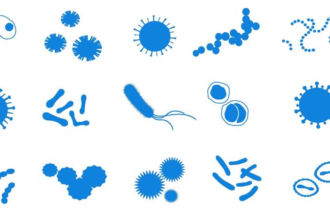 Fundo branco com desenhos animados azuis claros dos micróbios para diferentes doenças