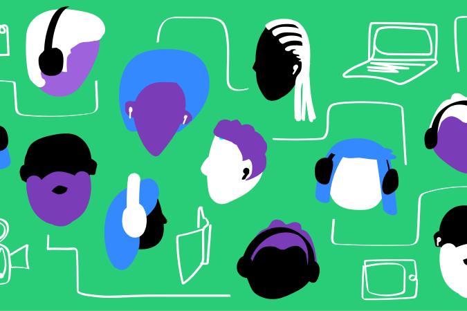 Graphic with heads wearing headphones. 