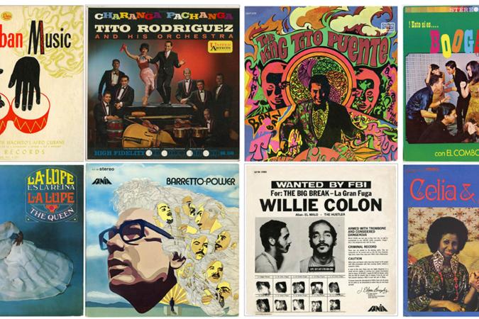 As capas de oito álbuns populares de música salsa dispostas em uma grade
