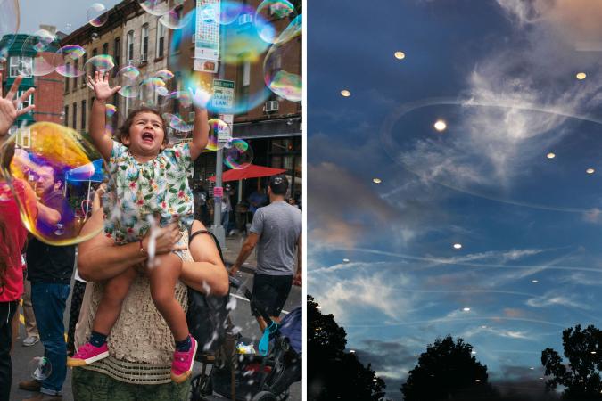 À esquerda, membros da comunidade Park Slope na rua brincando com bolhas. À direita, o céu noturno no Prospect Park com reflexos das luzes de baixo.