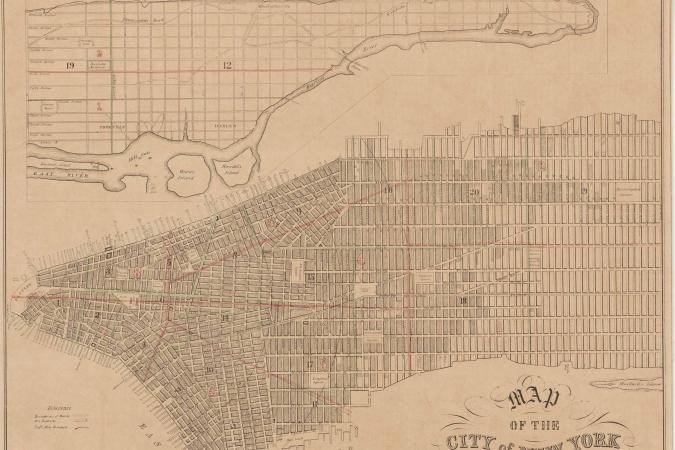 Mapa de planejamento para o sistema de grade da cidade de Nova York. O mapa mostra toda a cidade de Manhattan, com as ruas e os parques rotulados.