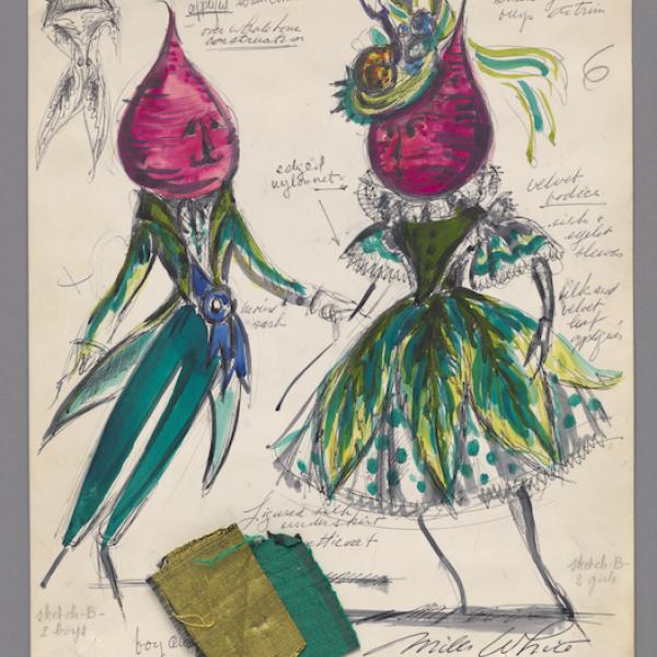 Croquis dessiné à la main. Conception de costumes représentant un homme et une femme avec des betteraves pour les têtes. Échantillons de tissu vert émeraude et chartreuse attachés.