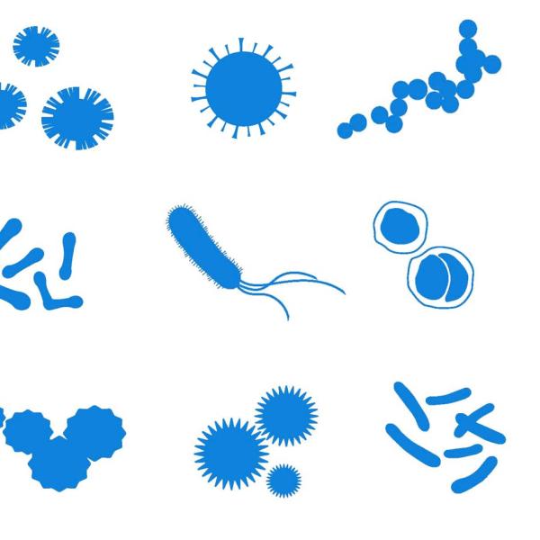 Fondo blanco con dibujos en azul claro de los microbios para diferentes enfermedades