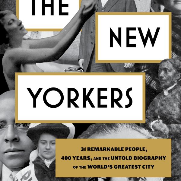 サム・ロバーツによる「ザ・ニューヨーカーズ」ブックカバー。 黒と白のさまざまな重要なニューヨークの人物のコラージュ