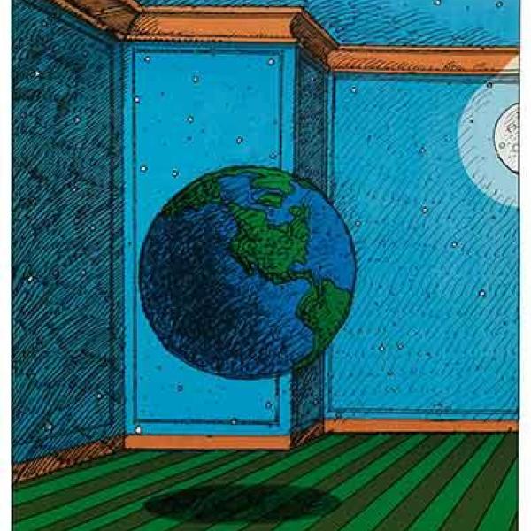 上面写着“给地球一个机会”字样的海报，一间蓝色墙壁和绿色地板的房间，一个地球仪盘旋在下面的中间。