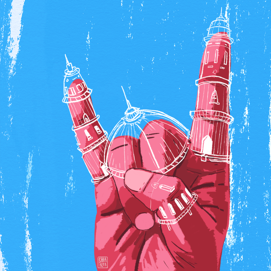 Uma ilustração mostrando elementos arquitetônicos popularmente associados a mesquitas, como minaretes e cúpulas, justapostos ao símbolo “Rock On”.