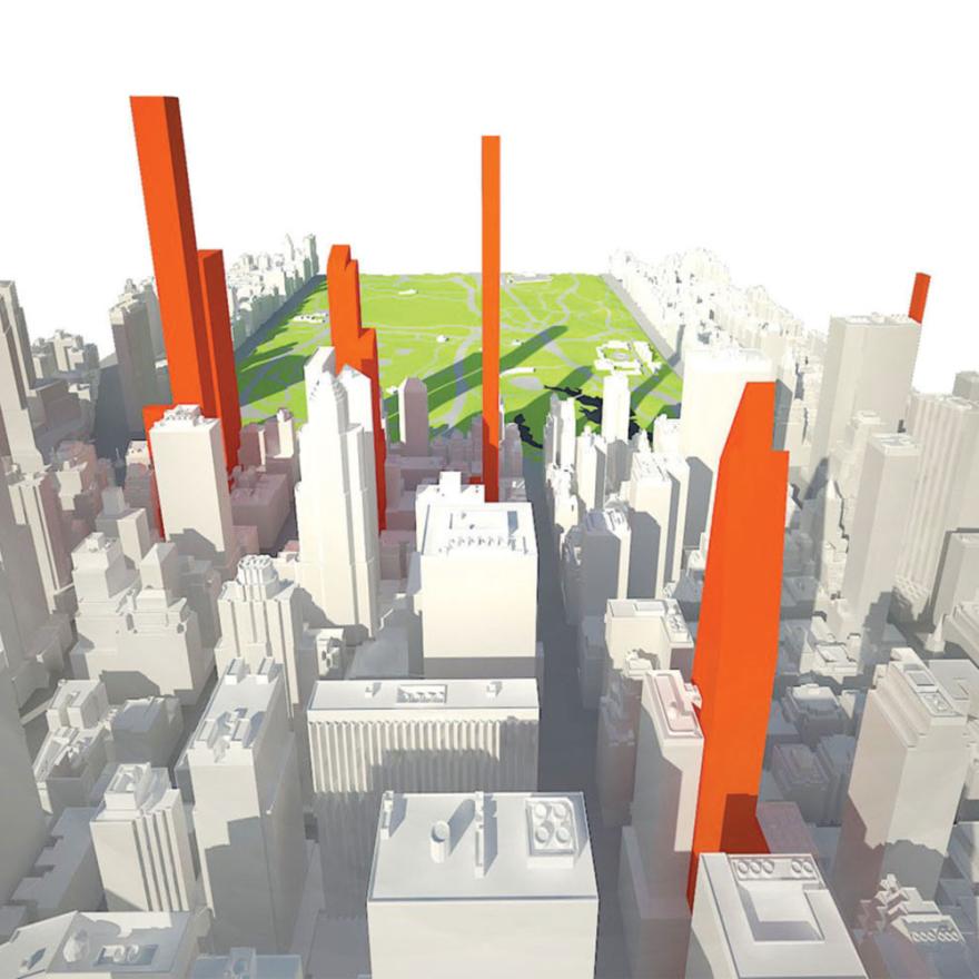 센트럴 파크를 향해 북쪽으로 보이는 뉴욕시의 컴퓨터 생성 이미지. 일부 건물은 빨간색으로 표시되고 나머지는 흰색으로 표시됩니다
