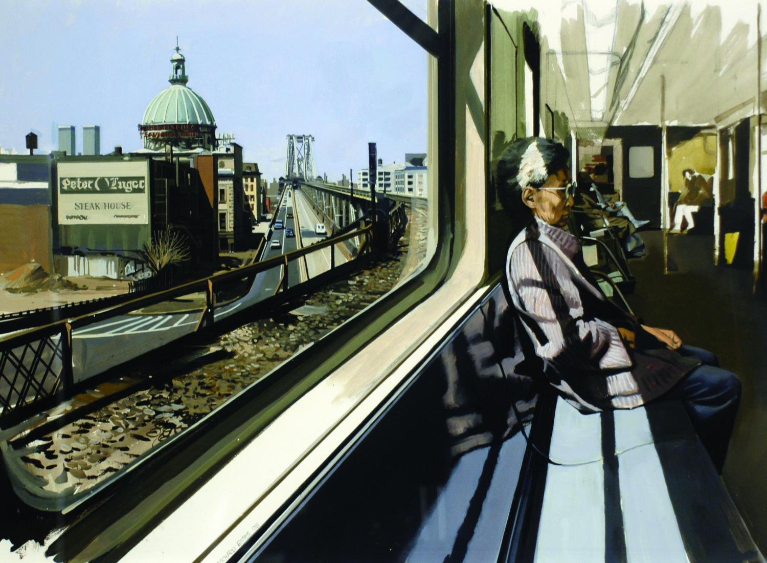 Pintura de pessoa sentada no trem M passando pela ponte Williamsburg