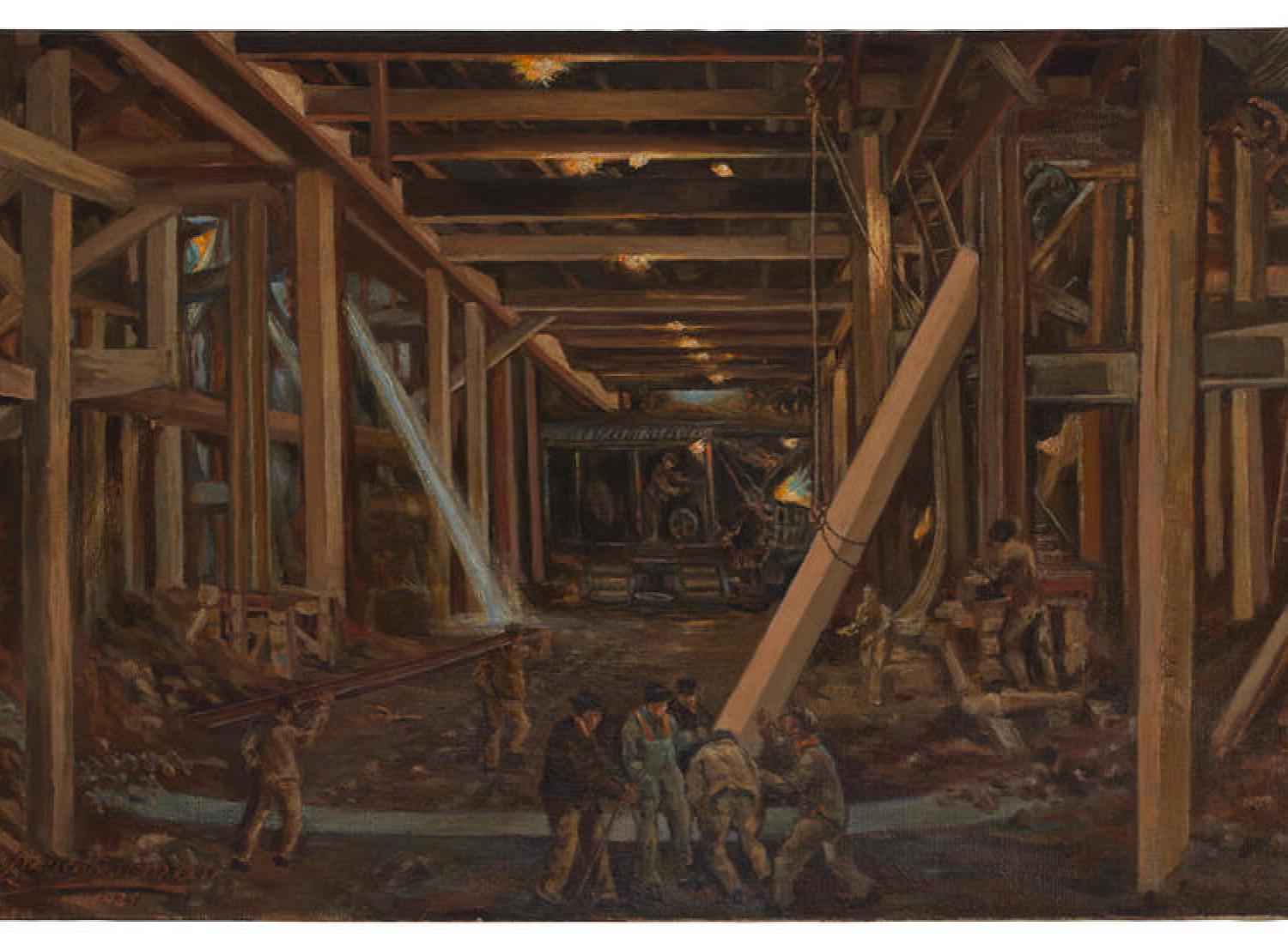 Una pintura en tonos marrones que muestra una escena de construcción subterránea. Varios hombres en primer plano levantan una gran viga suspendida por una cuerda y una polea mientras la luz se filtra desde la calle.