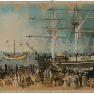 一幅 19 世纪的港口画作，街上有很多人，旁边有一艘大船。