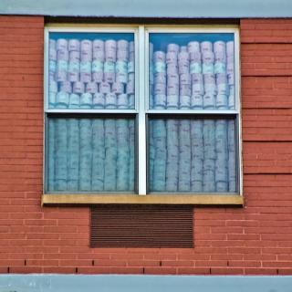 Two windows in an brick building that are filled with stacks of toilet paper rolls.