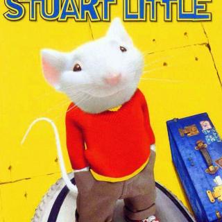 마우스 캐릭터가 전경에 서 있는 노란색 배경의 캐릭터 이름 "Stuart Little".