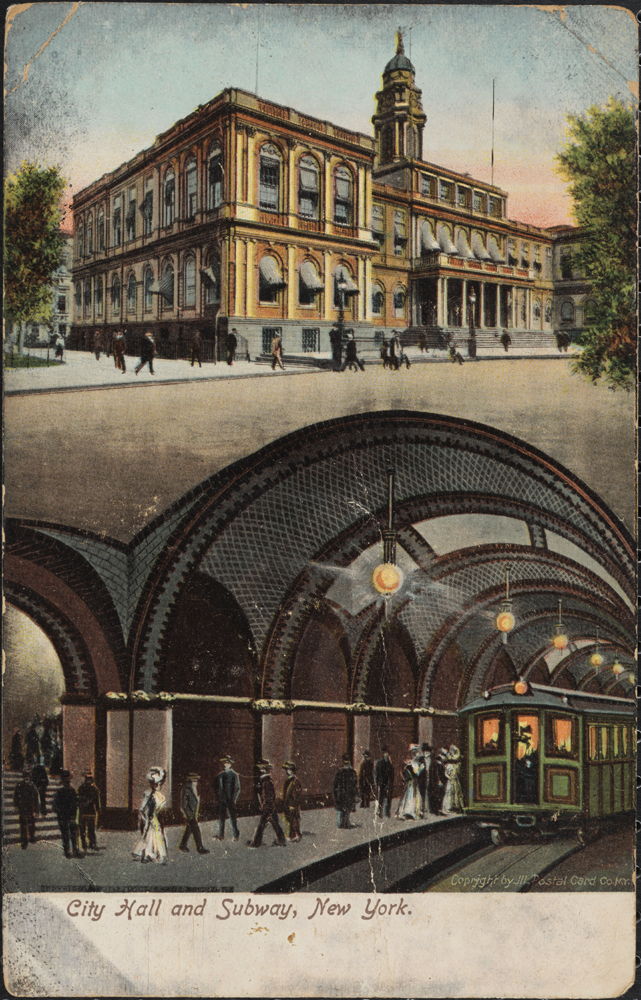 イラスト入りのPostal Card Co. City Hall and Subway、New York。 1905-1914。 ニューヨーク市の博物館。 X2011.34.3661