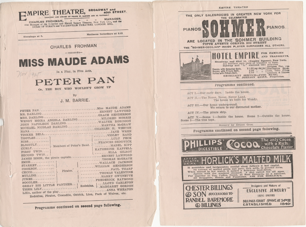 Programa de teatro para "Peter Pan" no Empire Theatre, novembro de 1905. Museu da cidade de Nova York. X2012.42.2