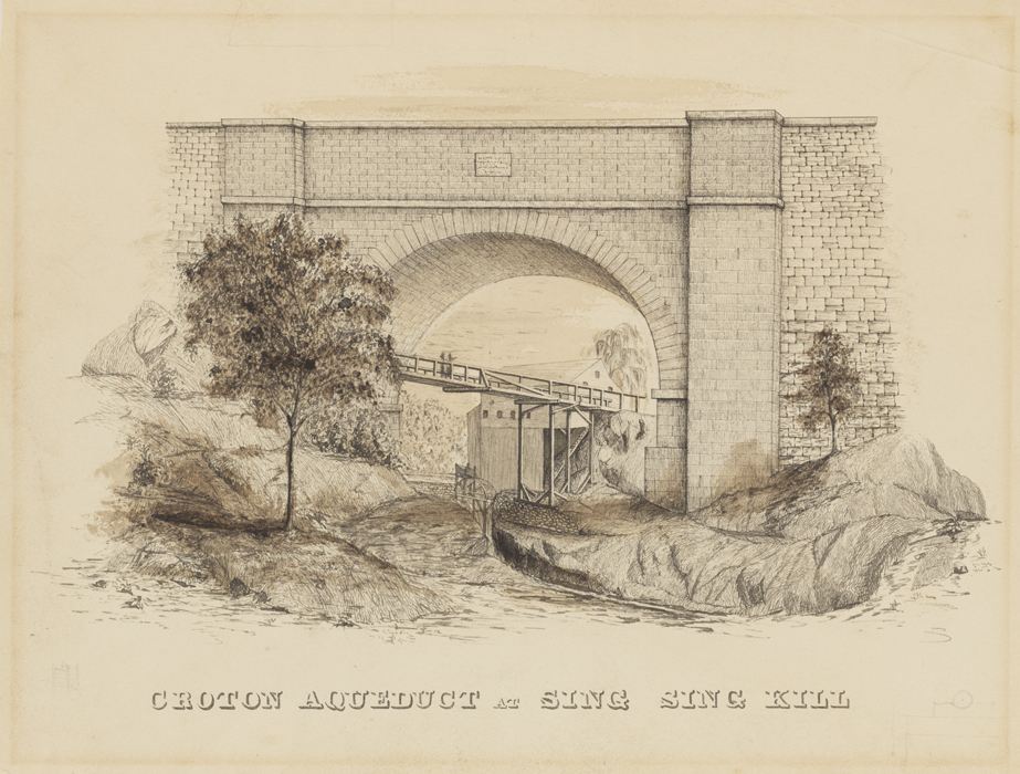 Torre do FB (Fayette Bartholomew). Aqueduto de Croton em Sing Sing Kill. ca. 1842. Museu da cidade de Nova York. 2002.35.10