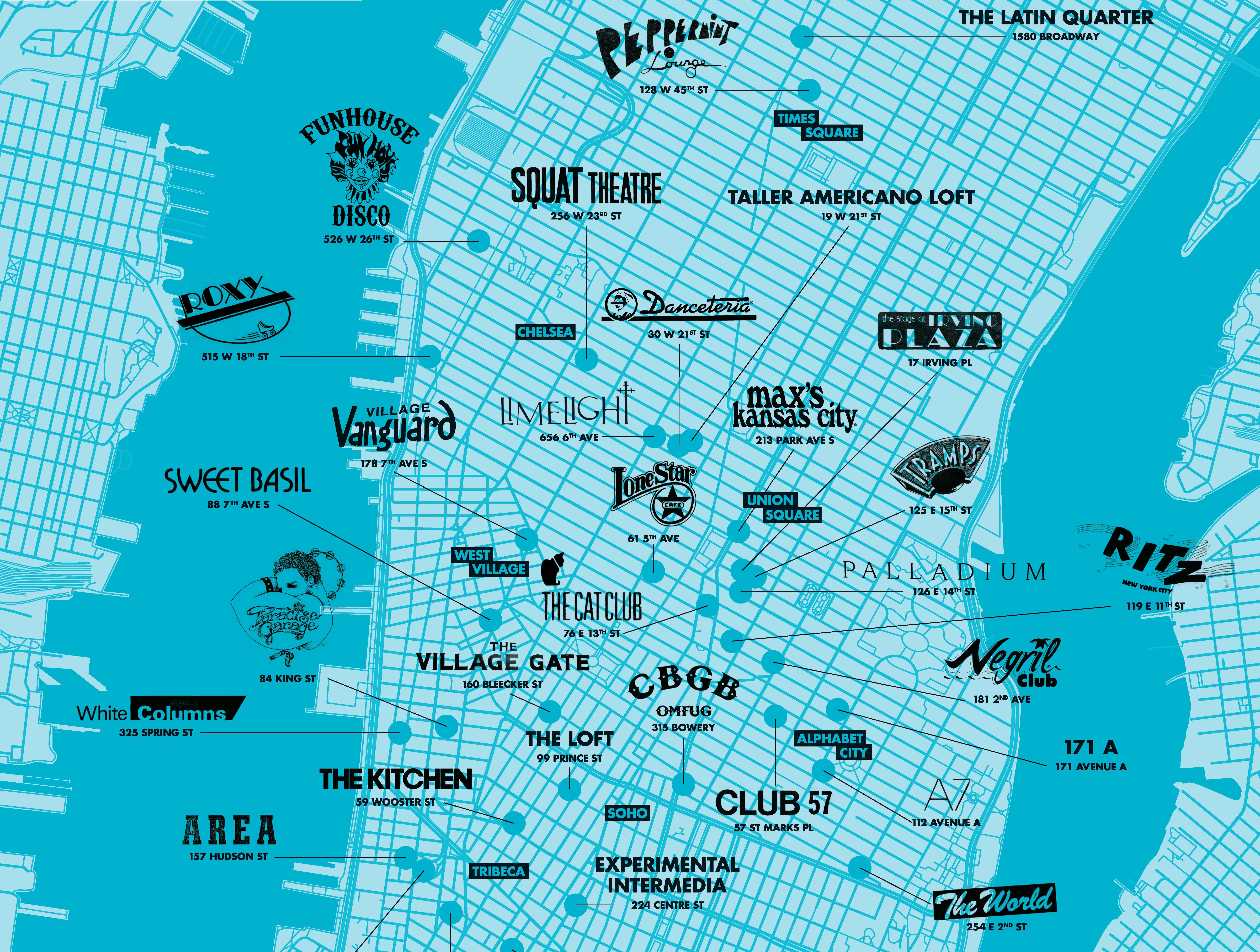 Une carte de Manhattan avec les clubs de danse dans les années 80.