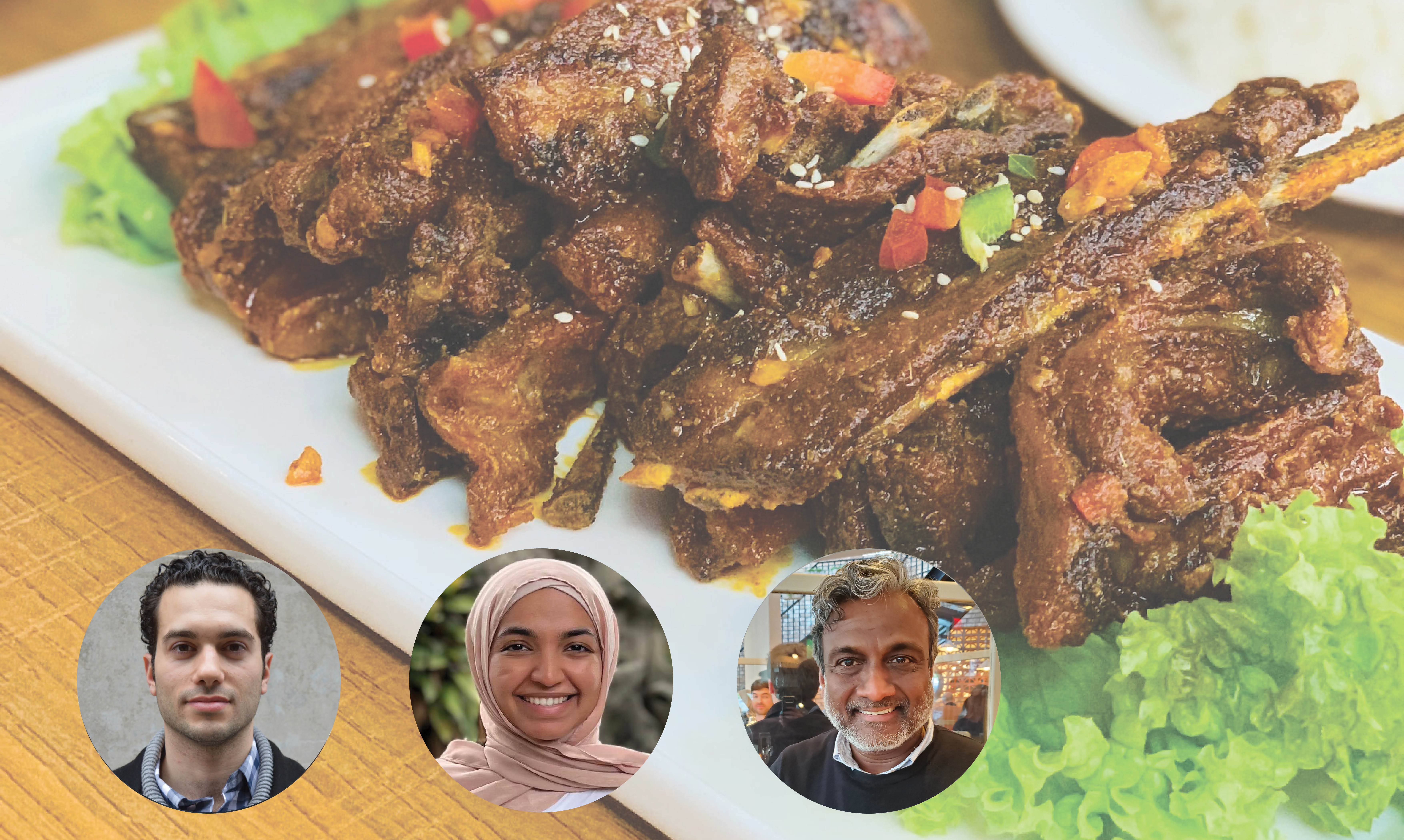 A plate of cooked halal meat on top of lettuce on the sides. The meat is sprinkled with chopped chili peppers and sesame seeds. On the bottom, a row of 3 headshots from left to right: Mohamed Attia, Sameen Choudhry, and Krishnendu Ray.