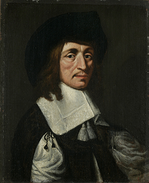 Painted portrait. Dark grey/black background with a brown-haired man in the foreground wearing a black hat and cape over a white shirt with puffy sleeves and a broad collar.