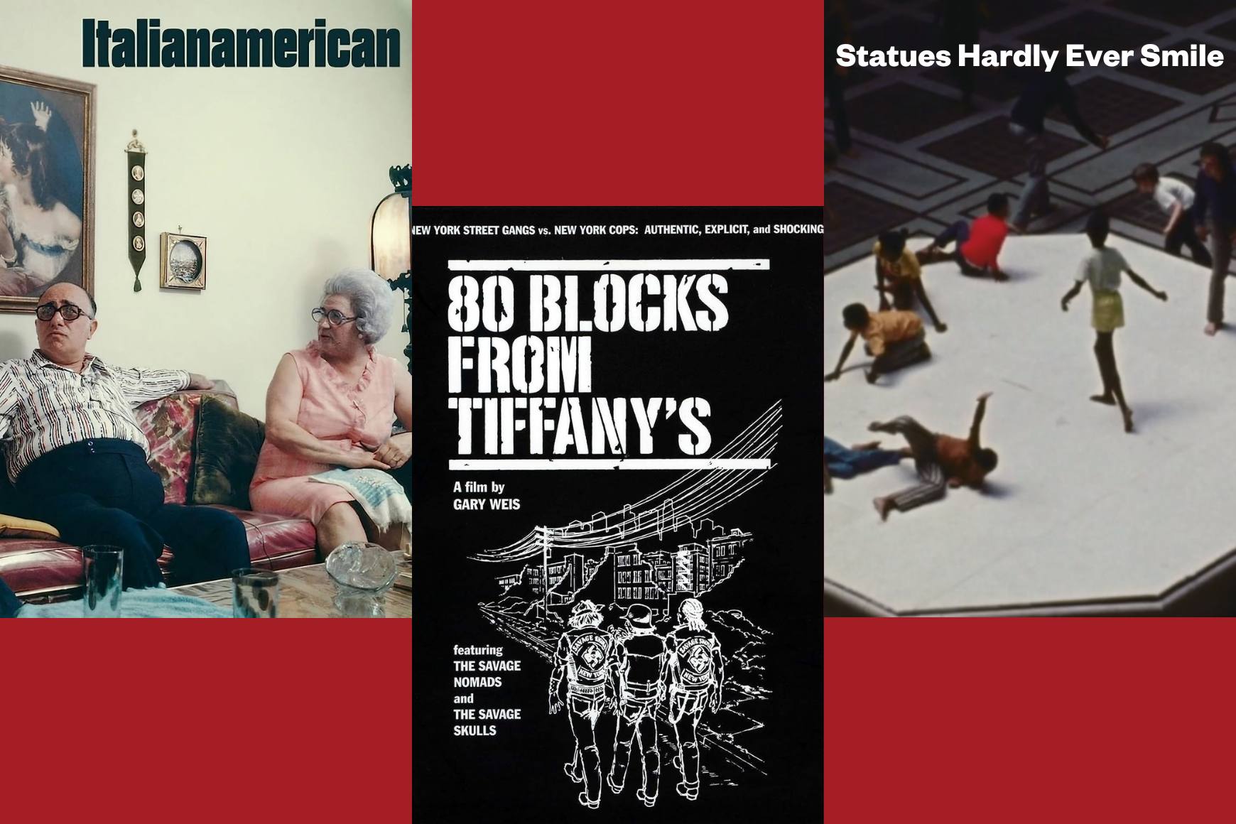 赤い背景に「ItalianAmerican」、「ティファニーから 80 ブロック」、「Hardly Ever Smile」のポスター。