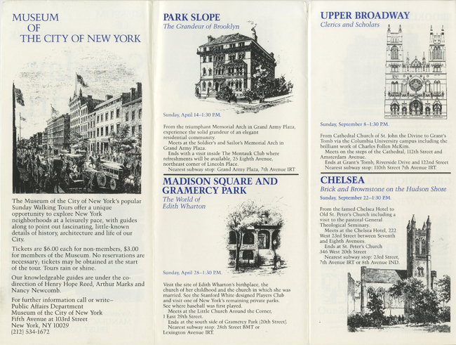 Interior of a Sunday Walking Tours booklet features tour descriptions, informations, and drawings of architectural highlights.