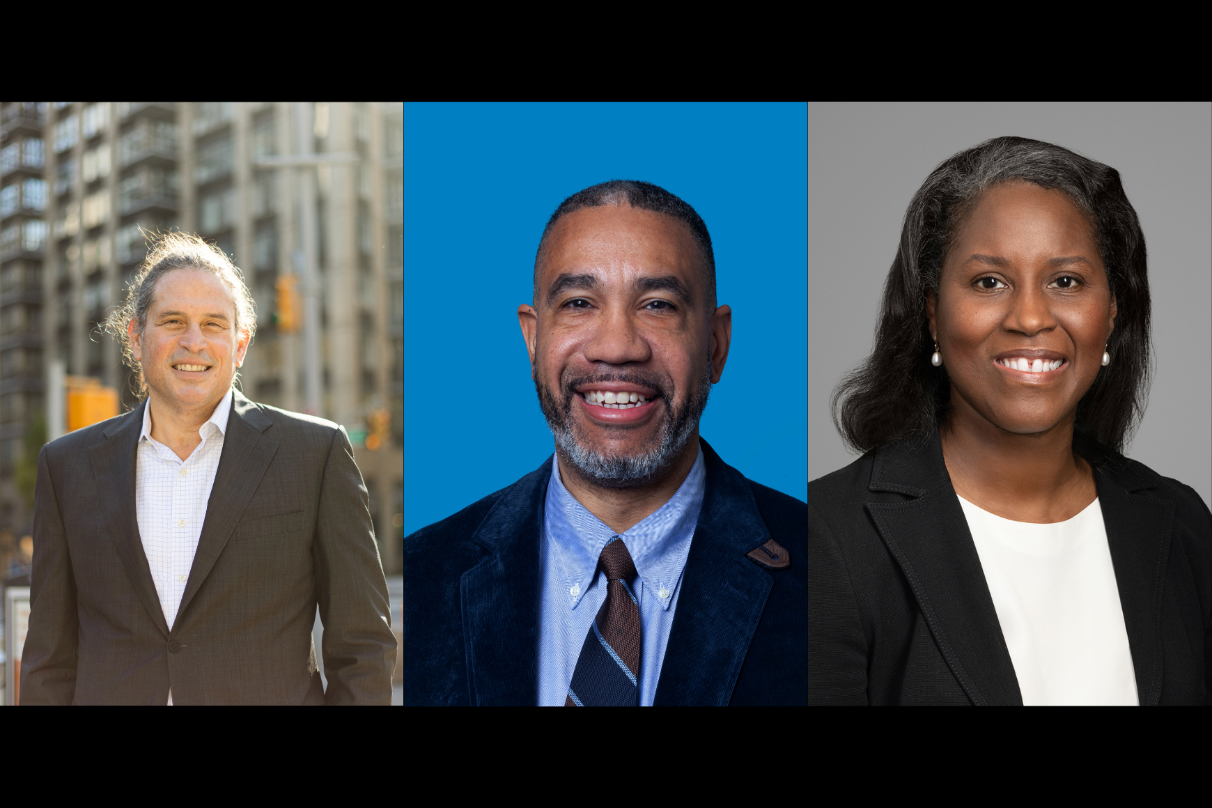 Separate photos of two men and one woman in professional attire 