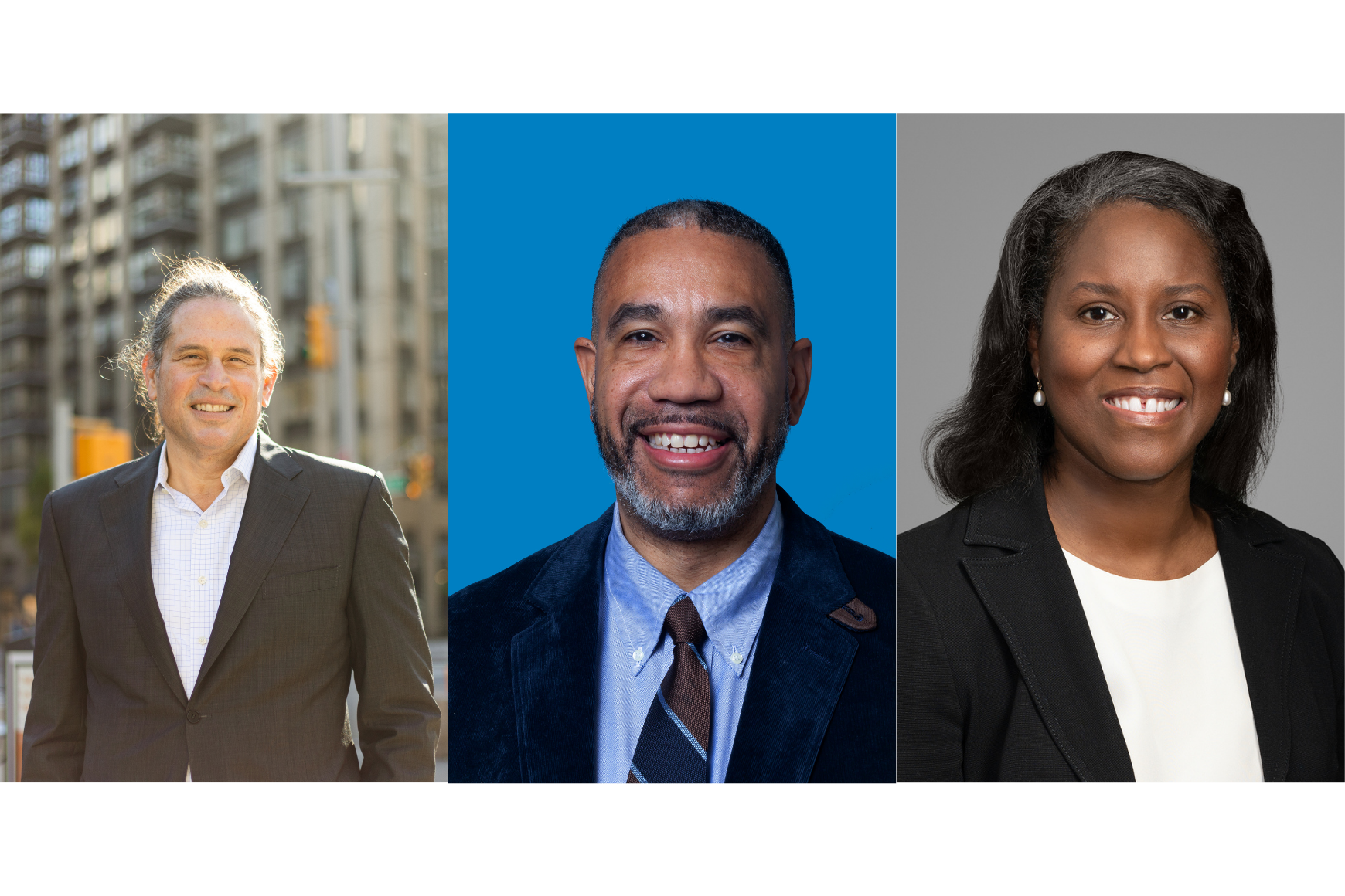 Separate photos of two men and one woman in professional attire 