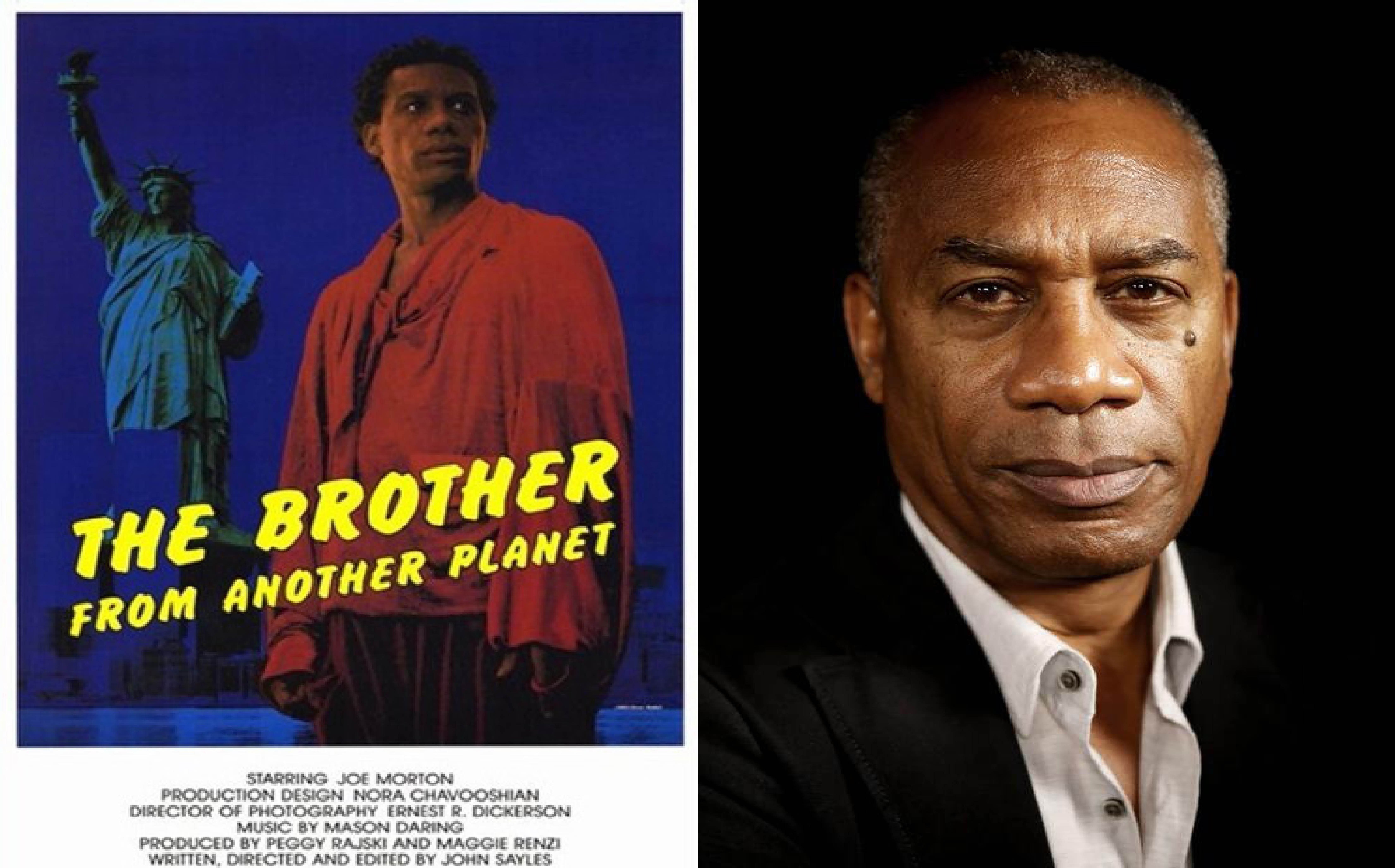 From left to right: The movie poster for “The Brother from Another Planet.” A man wearing a red long-sleeved shirt is looking to the right. Behind him is the Statue of Liberty. To the right of the movie poster is Joe Morton’s headshot. 
