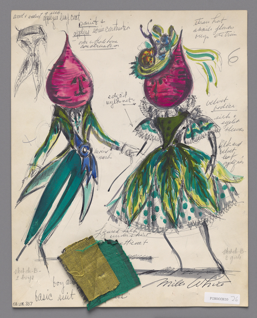 Croquis dessiné à la main. Conception de costumes représentant un homme et une femme avec des betteraves pour les têtes. Échantillons de tissu vert émeraude et chartreuse attachés.