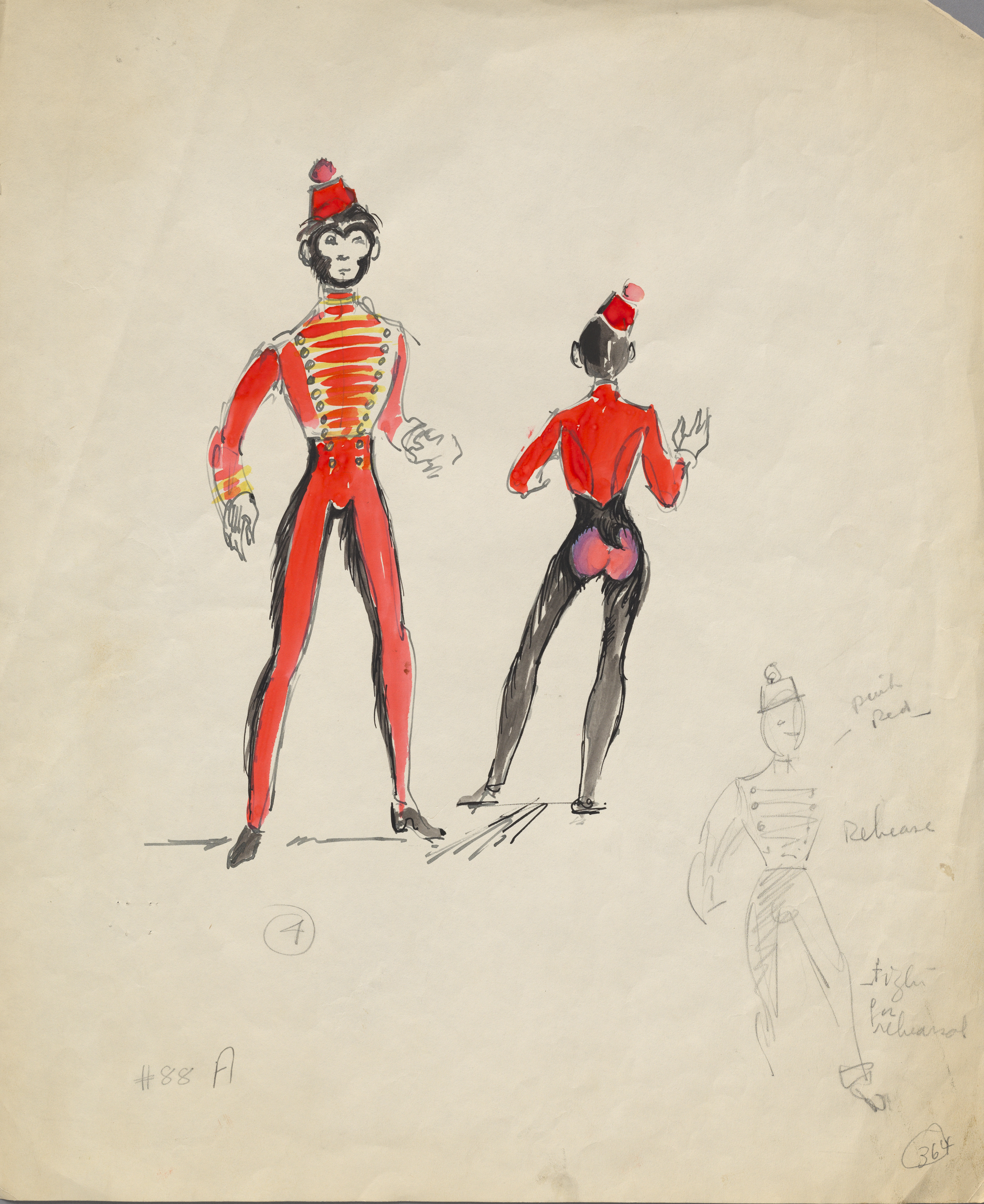 Hand-drawn sketch. Two costume designs done in pink, red, yellow, black, grey, and white for a monkey dressed in a bellhop's uniform. 