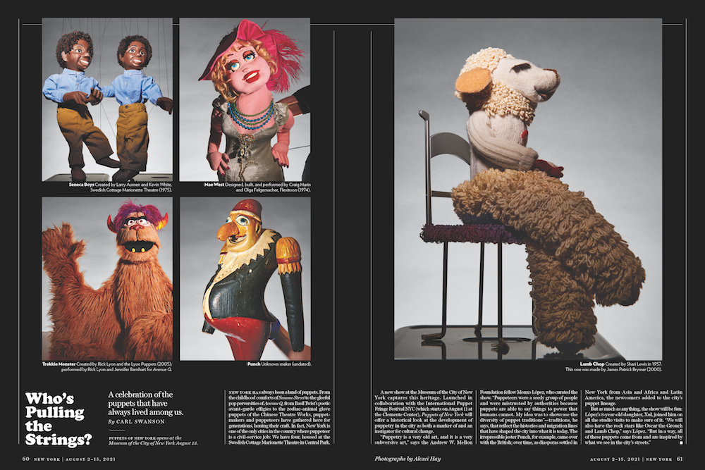 Spread from New York Magazine featuring images of select puppets from the exhibition "Puppets of New York" above a short article.