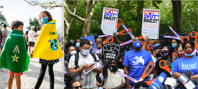 왼쪽 이미지: 카메라를 등지고 나란히 서 있는 두 어린이. 왼쪽에 별이 있고 글자 "A"가 스티칭된 녹색 망토를 입은 아이. 오른쪽의 아이는 디자인이 꿰매어진 노란색 망토를 입고 있습니다. 오른쪽 이미지: 카탈 센터가 판지 가위를 들고 "절단, 셧, 투자" 캠페인에 항의하고 있습니다.