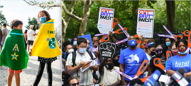 Left image: Two children standing side by side with their backs turned to the camera. Child on the left wearing a green cape with star and the letter “A” stitched on. Child on the right wearing a yellow cape with a design stitched on to it. Right image: The Katal Center protesting their “Cut, Shut, Invest” campaign by holding cardboard scissors. 