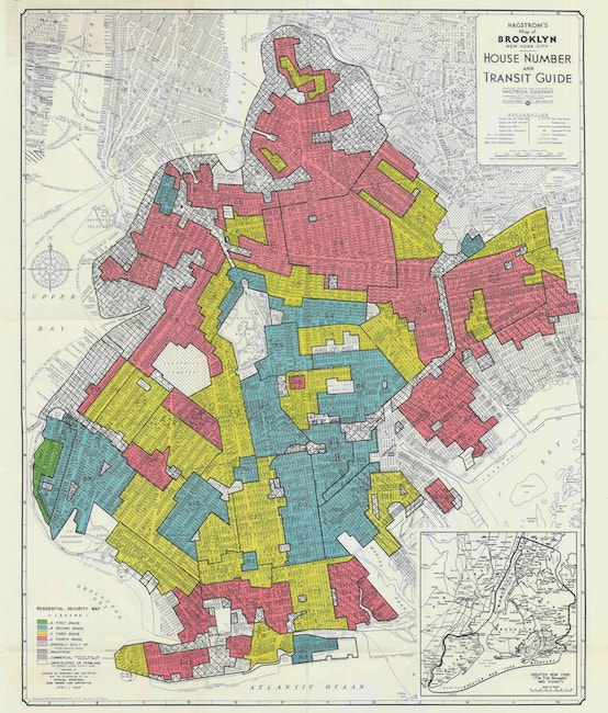 Map of Brooklyn showing redlining districts in 1938.