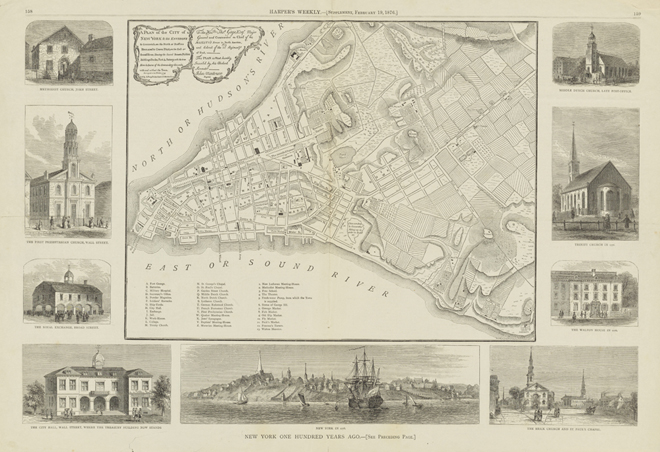 Harper's Weekly. Peter Andrews (fl. 1765-1782). Um plano da cidade de Nova York e seus arredores. 1876. Museu da Cidade de Nova York. 29.100.2601