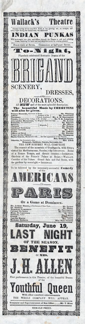 Broadside annonçant les performances de "The Brigand" et "Americans in Paris; ou, A Game at Dominoes »au Wallack's Lyceum Theatre en 1858.