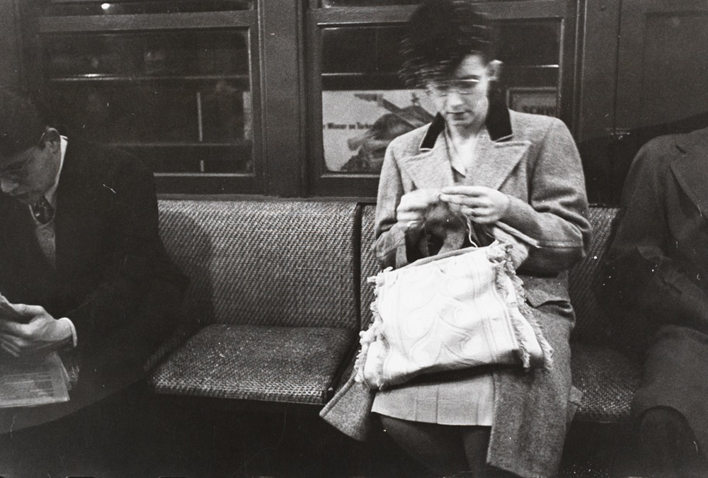 Stanley Kubrick. Life and Love on the New York City Subway. Woman knitting on a subway. 1946. Museum of the City of New York. X2011.4.11107.16