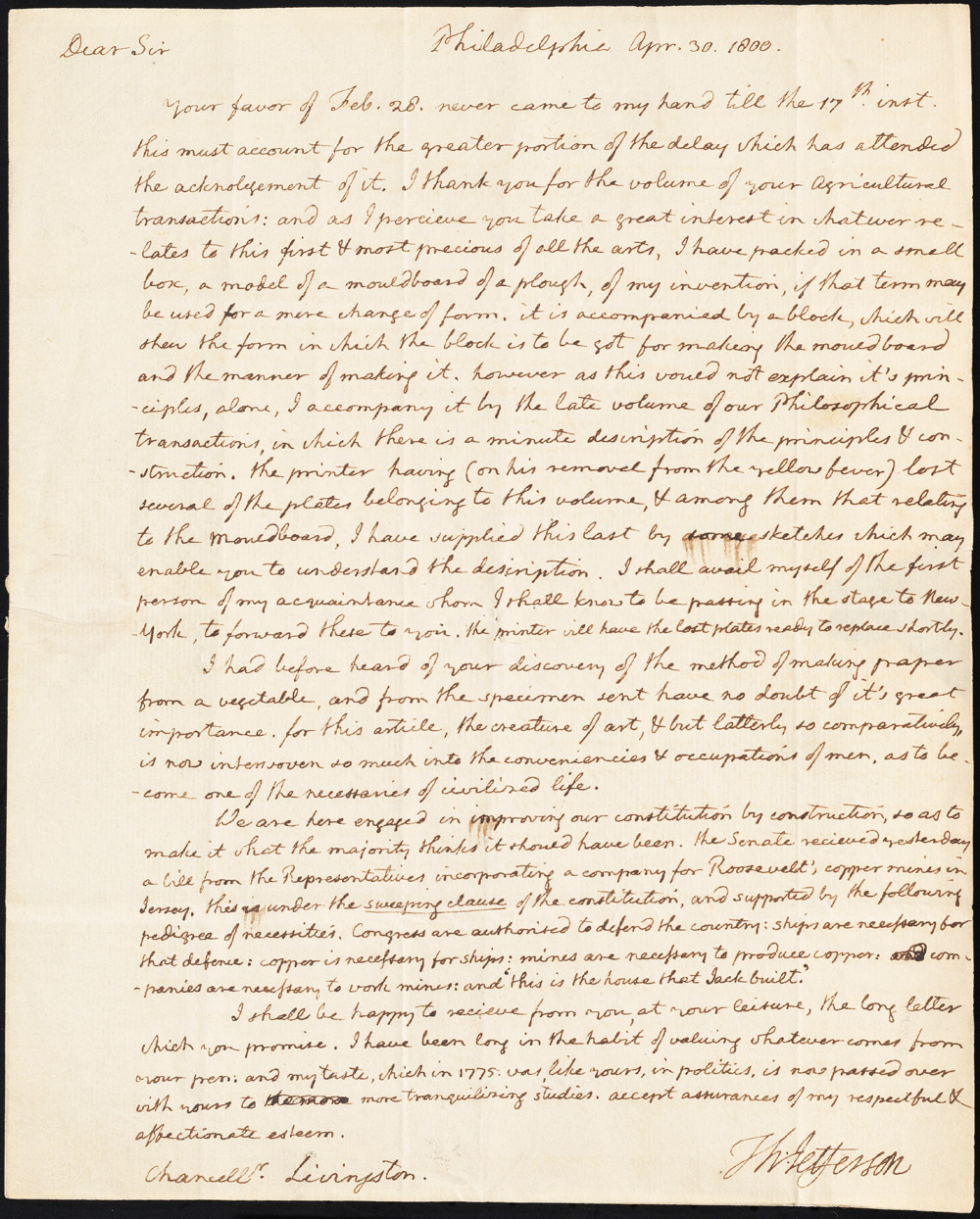 Letter to Chancellor Robert R. Livingston from Thomas Jefferson, April 30, 1800