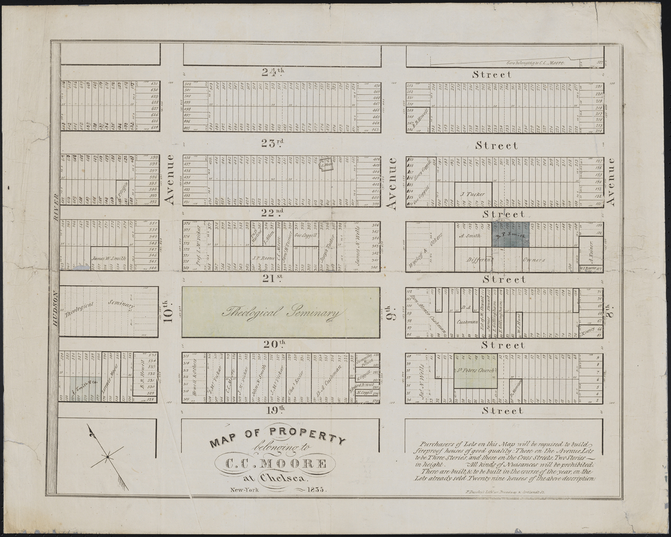 Prosper Desobry. Mapa de propriedades pertencentes a CC Moore em Chelsea. 1835. Museu da cidade de Nova York. 47.294.2