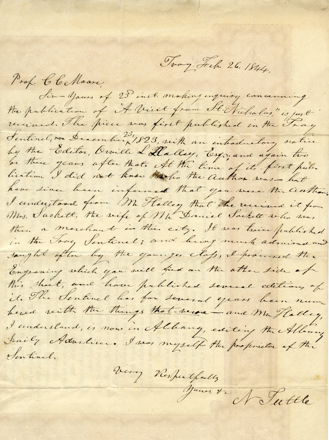 N. Tuttle给克莱门特·克拉克·摩尔的信。 1844年。纽约市博物馆。 54.331.17b