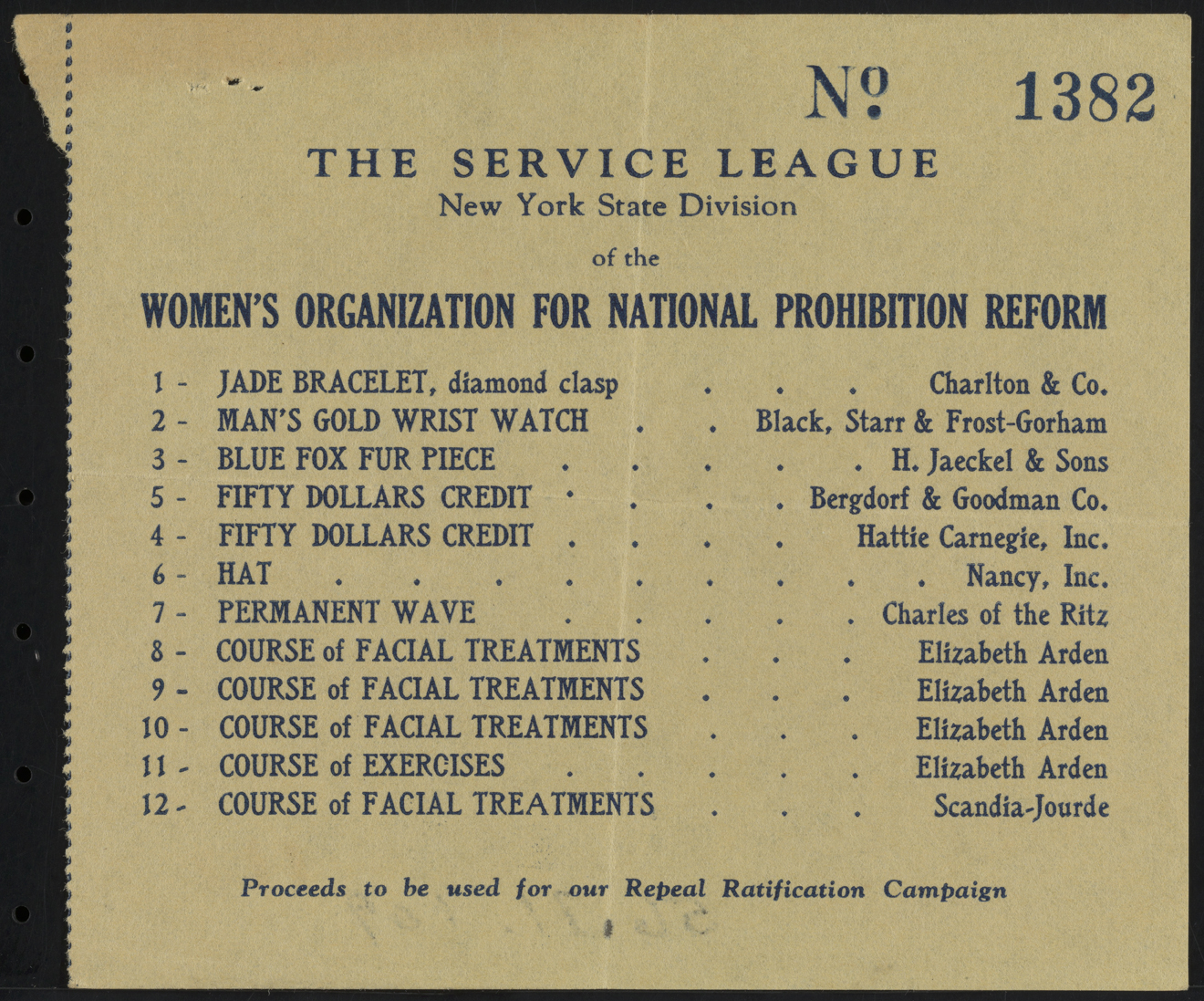 Ticket Stub, The Service League, Division de l'État de New York de la Women's Organization for National Prohibition Reform