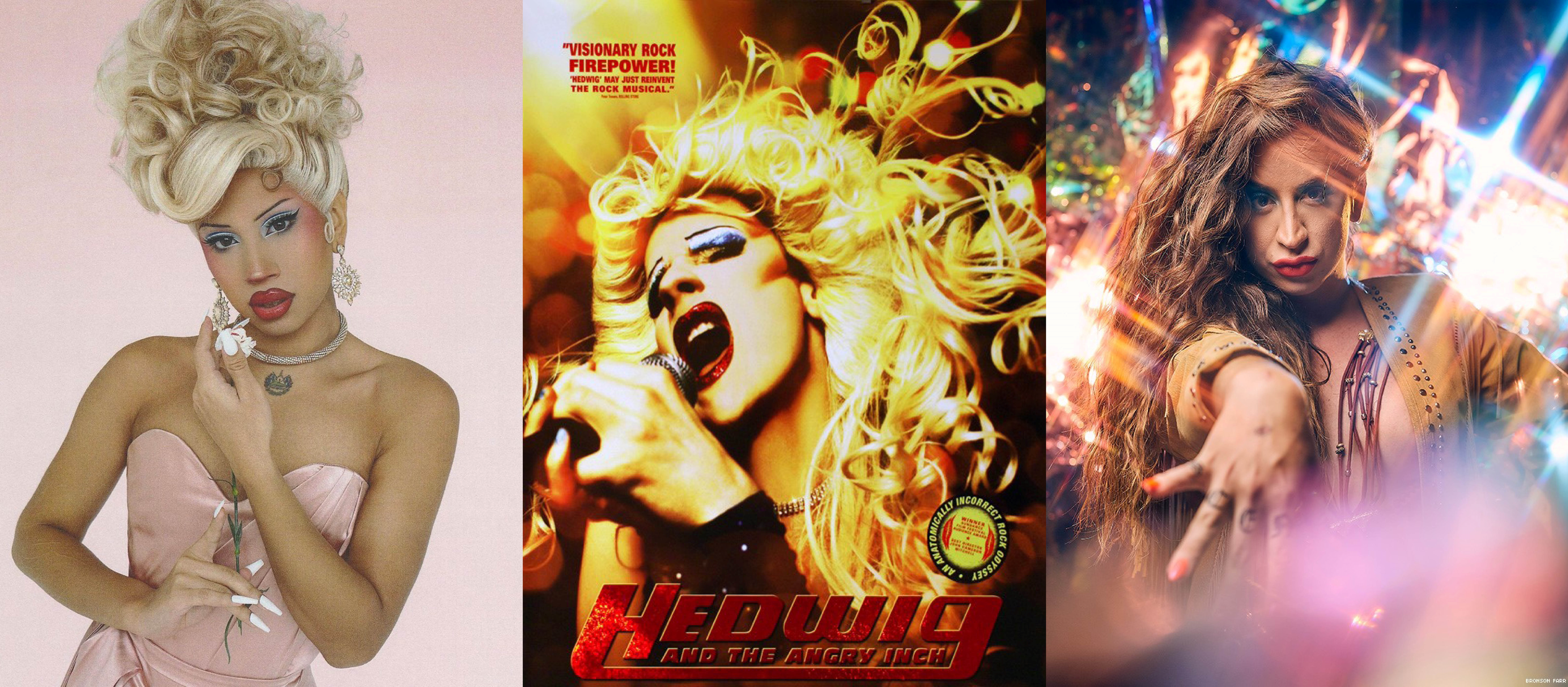 Três imagens da esquerda para a direita: Chiquitita, Hedwig and the Angry Inch poster, Charlene Incarnate