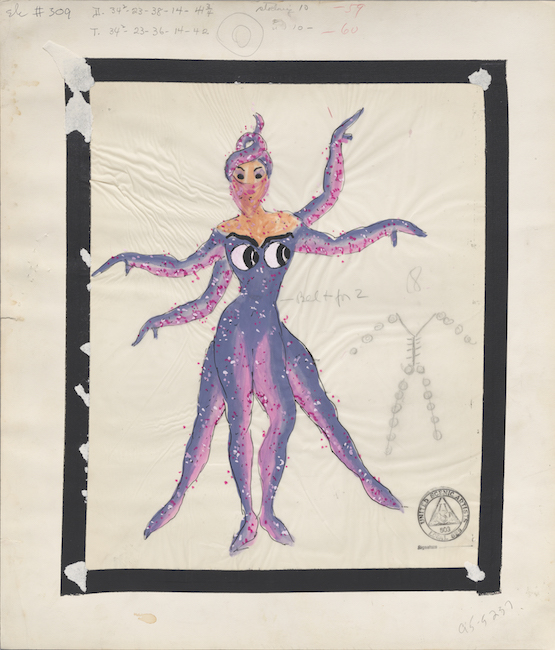 Hand-drawn sketch. Costume design depicting a woman dressed as a pink and purple octopus. 