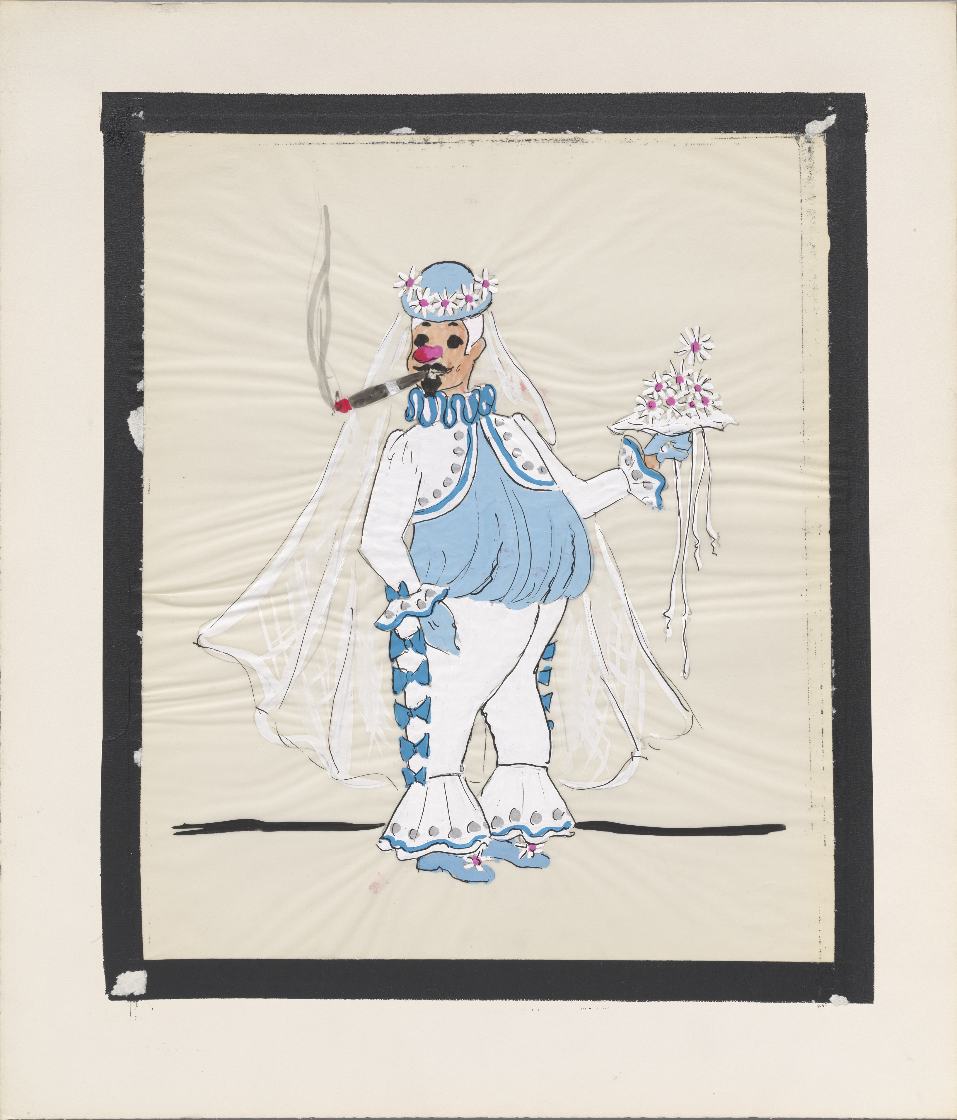 Hand-drawn sketch. Costume design depicting an androgynous clown figure wearing a bolero jacket with a veil and a bouquet smoking a cigar.