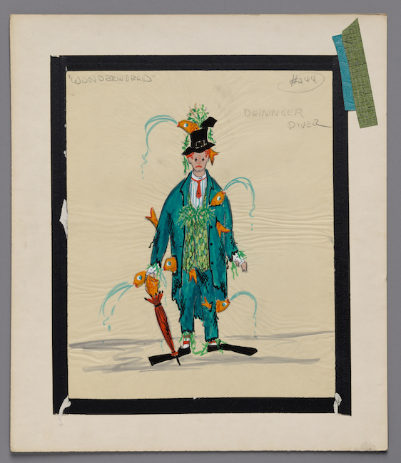 Hand-drawn sketch. Costume design for a clown in an ill-fitting  green suit filled with fish spitting water. 