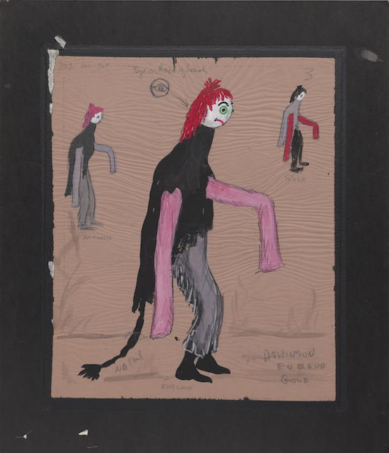 Costume sketch of a tall creature with red hair, long pink sleeves and a black tail. 